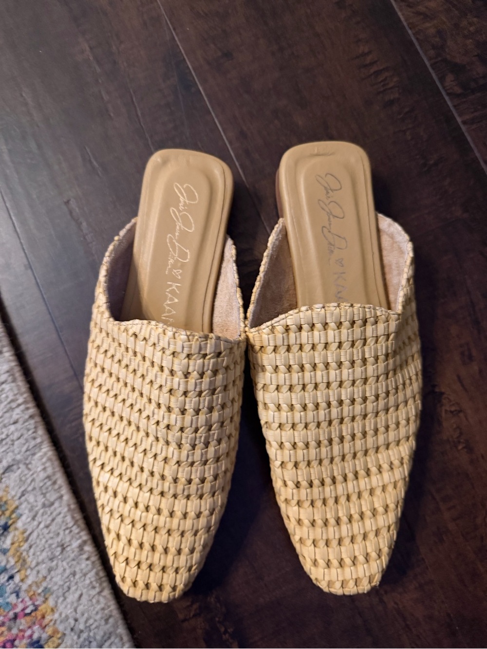 Kaanas x Jesse James Decker Woven Slip-On Mules in Natural Beige
